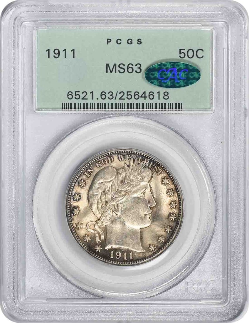 Barber Half Dollar 1911 MS63 Certified by PCGS with CAC Green Label: Barber Half Dollar 1911 MS63 Certified by PCGS with CAC Green Label This 1911 Barber Half Dollar is graded MS63 by PCGS and features the CAC endorsement. Struck at the Philadelphia Mint, this uncircul