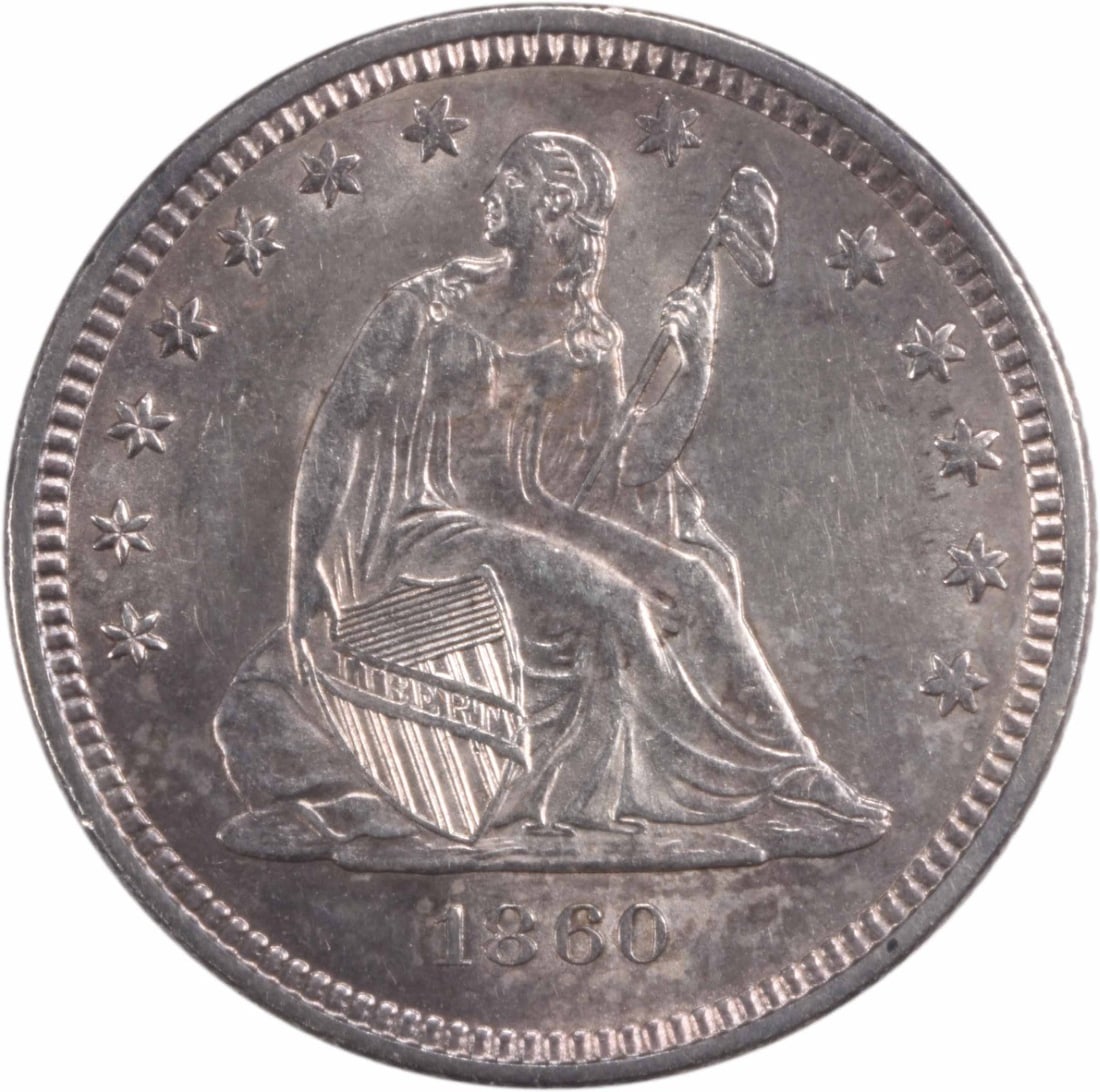 1860 O Seated Liberty 25C Silver Coin Choice BU Uncertified: 1860 O Seated Liberty 25C Silver Coin Choice BU Uncertified This 1860-O Liberty Seated Quarter is an attractive example of this classic United States coin. Struck in silver at the New Orleans Mint, it