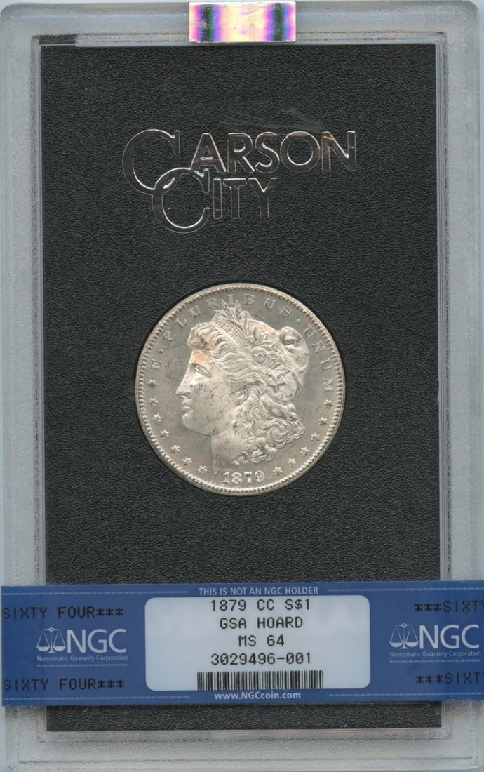 NGC MS64 1879 Carson City Morgan Silver Dollar GSA Hoard: NGC MS64 1879 Carson City Morgan Silver Dollar GSA Hoard This is an un-used 1879-CC Morgan Dollar from the GSA Hoard, certified by NGC with a grade of MS64. Struck at the Carson City Mint, this collec
