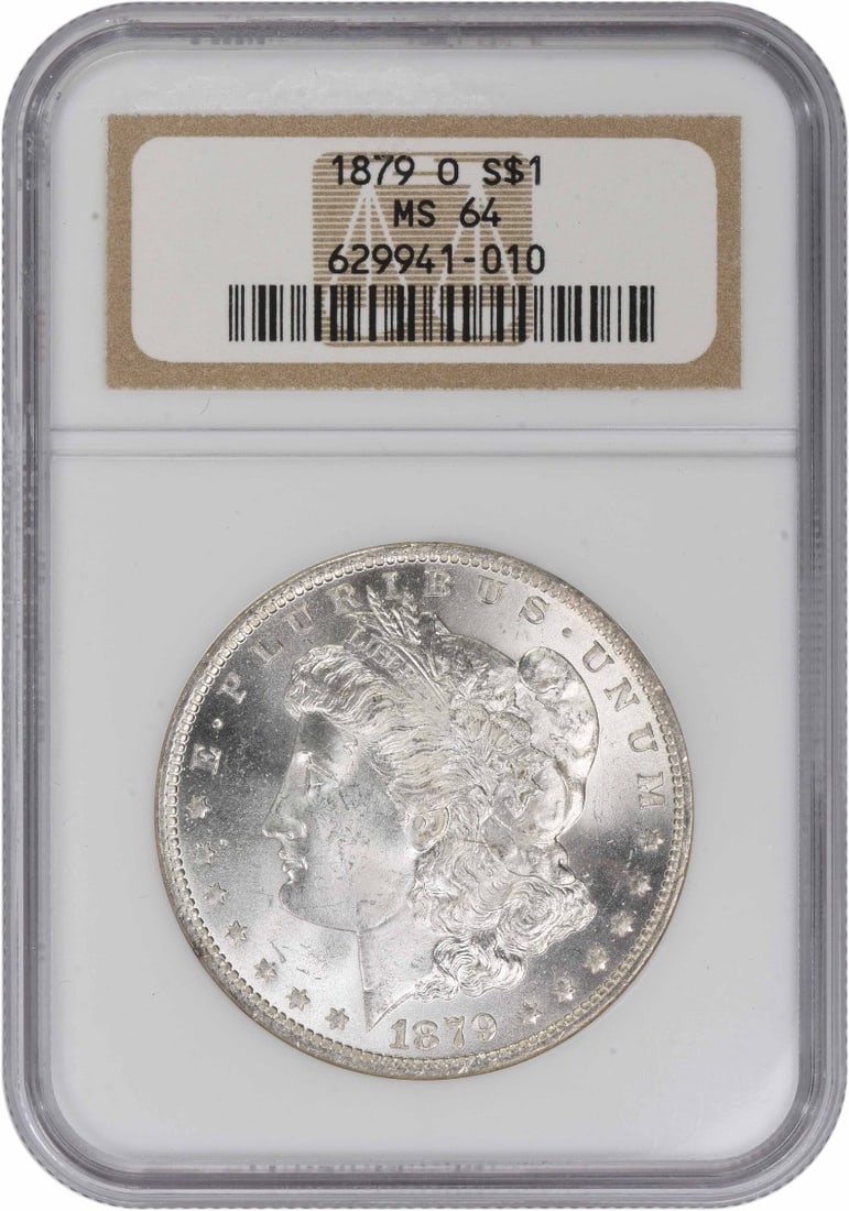 NGC MS64 1879-O Morgan Dollar 90 Percent Silver New Orleans Mint: NGC MS64 1879-O Morgan Dollar 90 Percent Silver New Orleans Mint This 1879-O Morgan Silver Dollar is graded MS64 by NGC. Struck at the New Orleans Mint, this uncirculated coin features the iconic desi