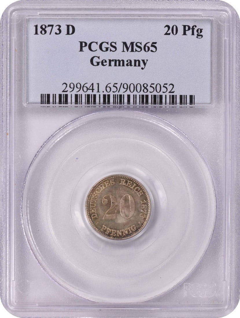 1873 D Germany 20 Pfennig Coin KM5 MS65 Certified by PCGS: 1873 D Germany 20 Pfennig Coin KM5 MS65 Certified by PCGS This 1873 D Germany 20 Pfennig coin is a remarkable collectible piece graded MS65 by PCGS. It features a silver composition and is classified 