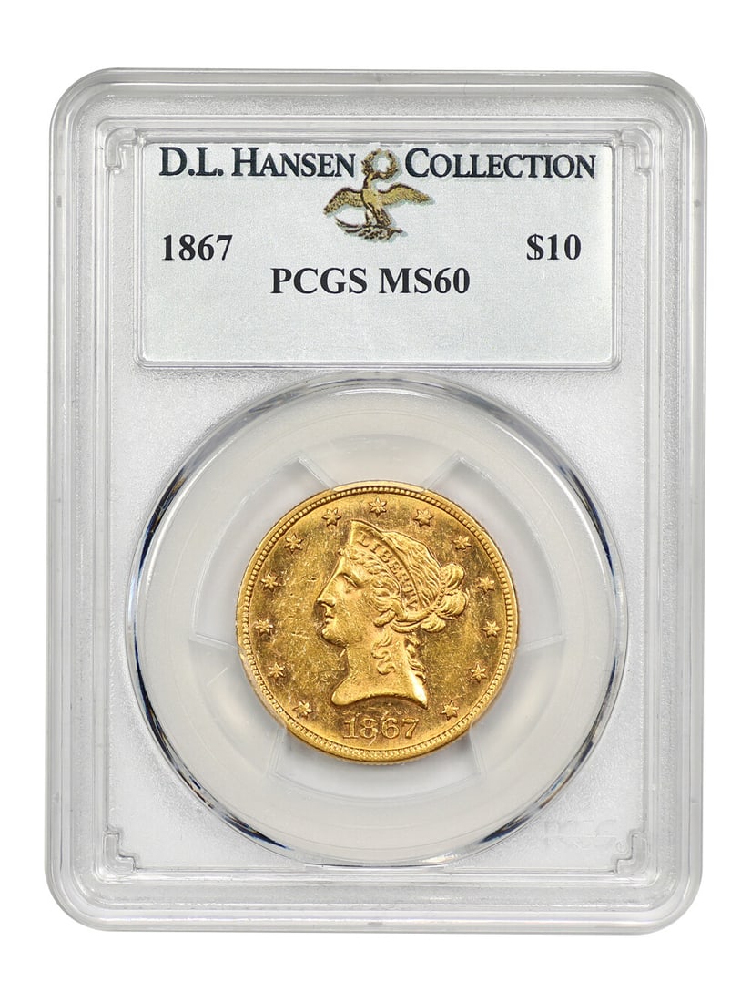 1867 $10 Liberty Head Gold Coin PCGS MS60 Rare Uncirculated: 1867 $10 Liberty Head Gold Coin PCGS MS60 Rare Uncirculated This 1867 $10 Liberty Head gold coin is certified by PCGS with a grade of MS60, showcasing its uncirculated condition. With a mintage of jus