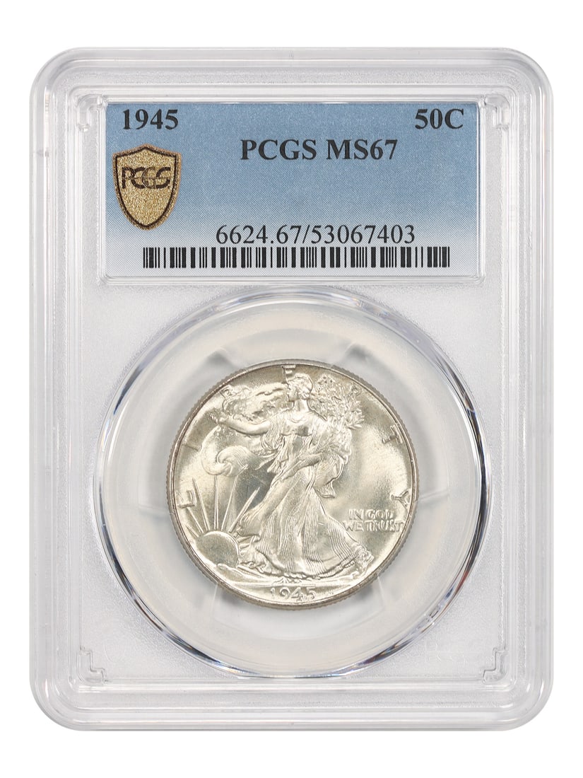 PCGS MS67 1945 Walking Liberty 50C Half Dollar: PCGS MS67 1945 Walking Liberty 50C Half Dollar A 1945 Walking Liberty Half Dollar graded MS67 by PCGS. This uncirculated 50C coin was minted in Philadelphia and is identified by certification number 5