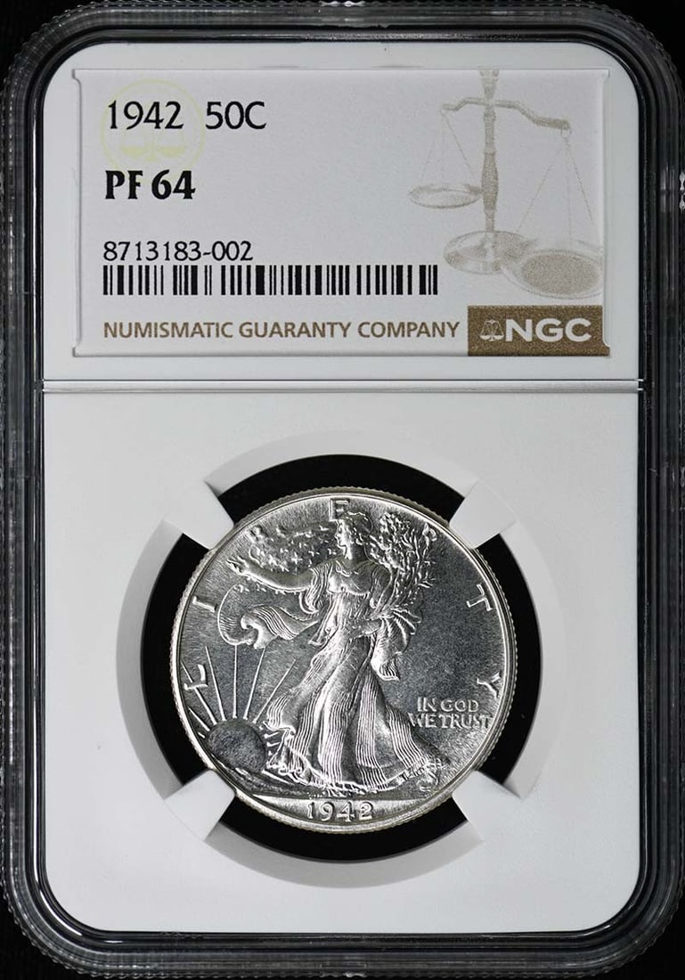 NGC Certified 1942 Proof Walking Liberty Half Dollar PR64: NGC Certified 1942 Proof Walking Liberty Half Dollar PR64 This is a 1942 Walking Liberty Half Dollar, certified by NGC with a grade of PR64. The coin is an uncirculated proof struck at the Philadelphi