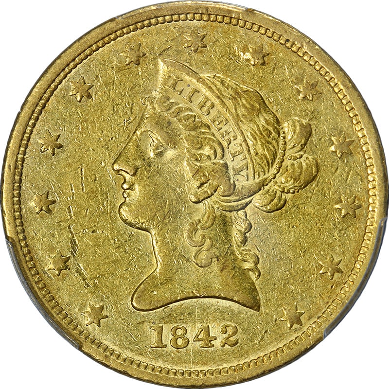 PCGS XF40 1842 Philadelphia Liberty Gold Eagle Small Date: PCGS XF40 1842 Philadelphia Liberty Gold Eagle Small Date This 1842-P Liberty Gold $10 coin features the small date variety and has been certified by PCGS with a grade of XF40. It is composed of gold 