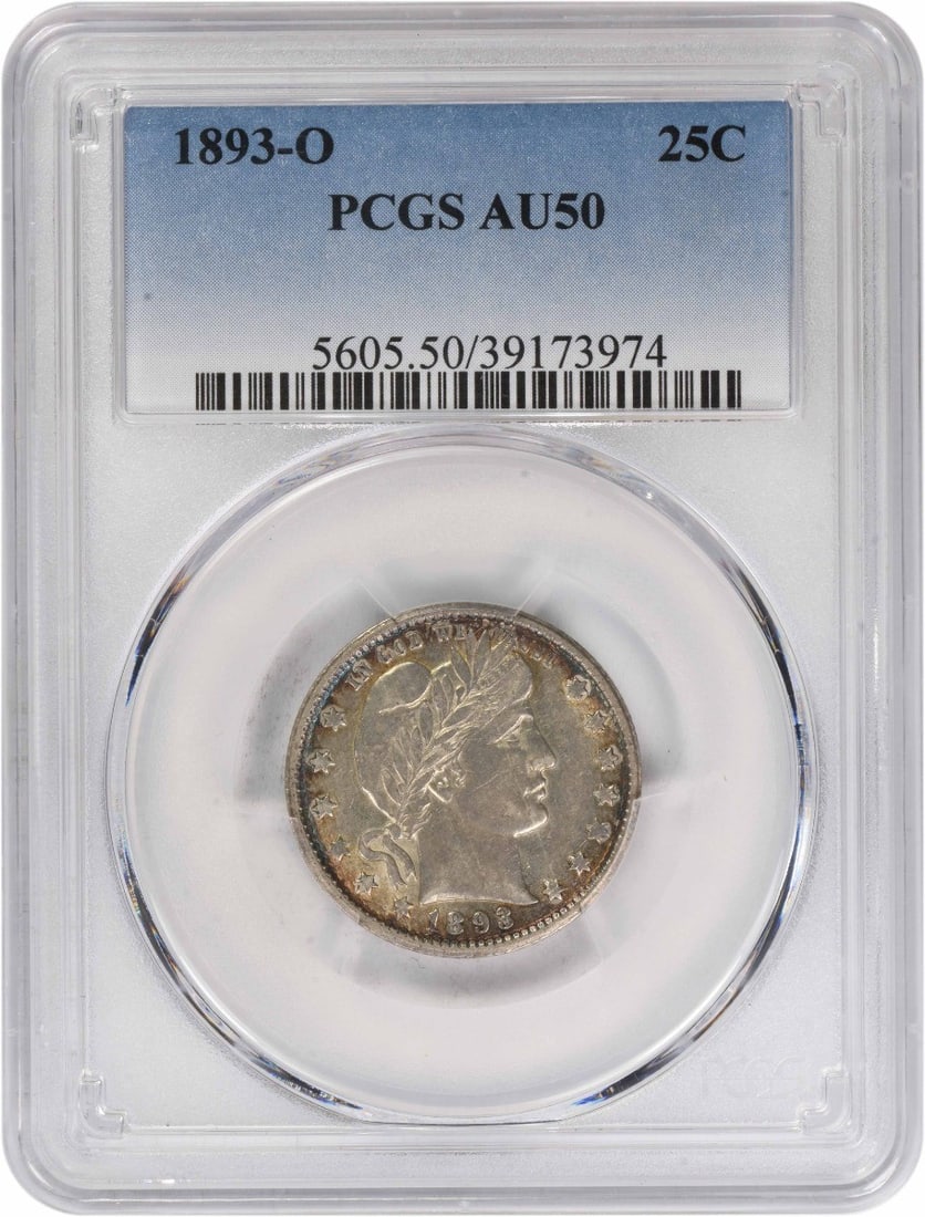 1893-O Barber 25C AU50 Graded by PCGS: 1893-O Barber 25C AU50 Graded by PCGS This 1893-O Barber Silver Quarter is graded AU50 by PCGS and features a 90% silver, 10% copper composition. Struck at the New Orleans Mint, this pre-owned coin sh
