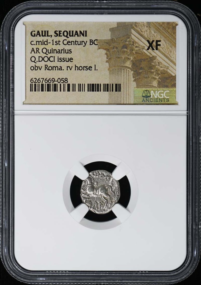 NGC XF Gaul Sequani AR Quinarius Mid 1st Century BC: NGC XF Gaul Sequani AR Quinarius Mid 1st Century BC This is a mid-1st century BC silver quinarius coin from the Gaulish tribe of the Sequani. The coin has been certified and graded XF (Extremely Fine)