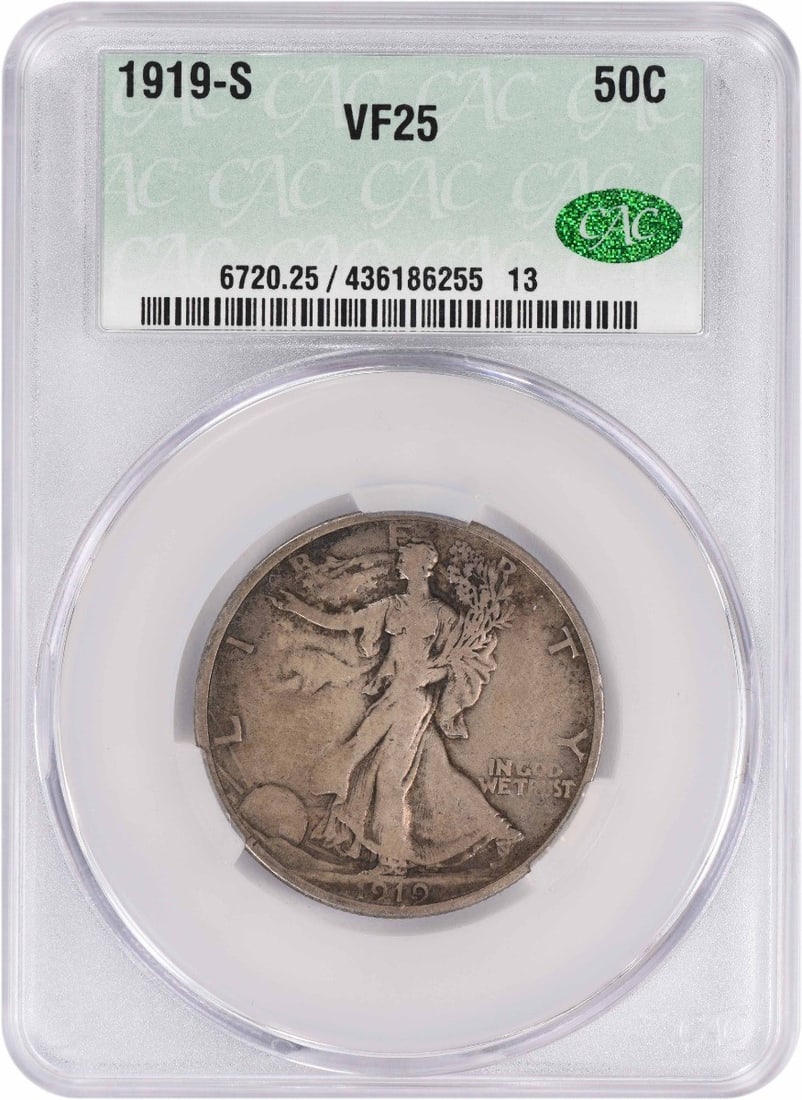 CACG Certified 1919 San Francisco Liberty Walking Silver Half Dollar VF25: CACG Certified 1919 San Francisco Liberty Walking Silver Half Dollar VF25 This 1919-S Walking Liberty Half Dollar is a circulated coin certified by CACG with a VF25 grade. Minted in San Francisco, it 