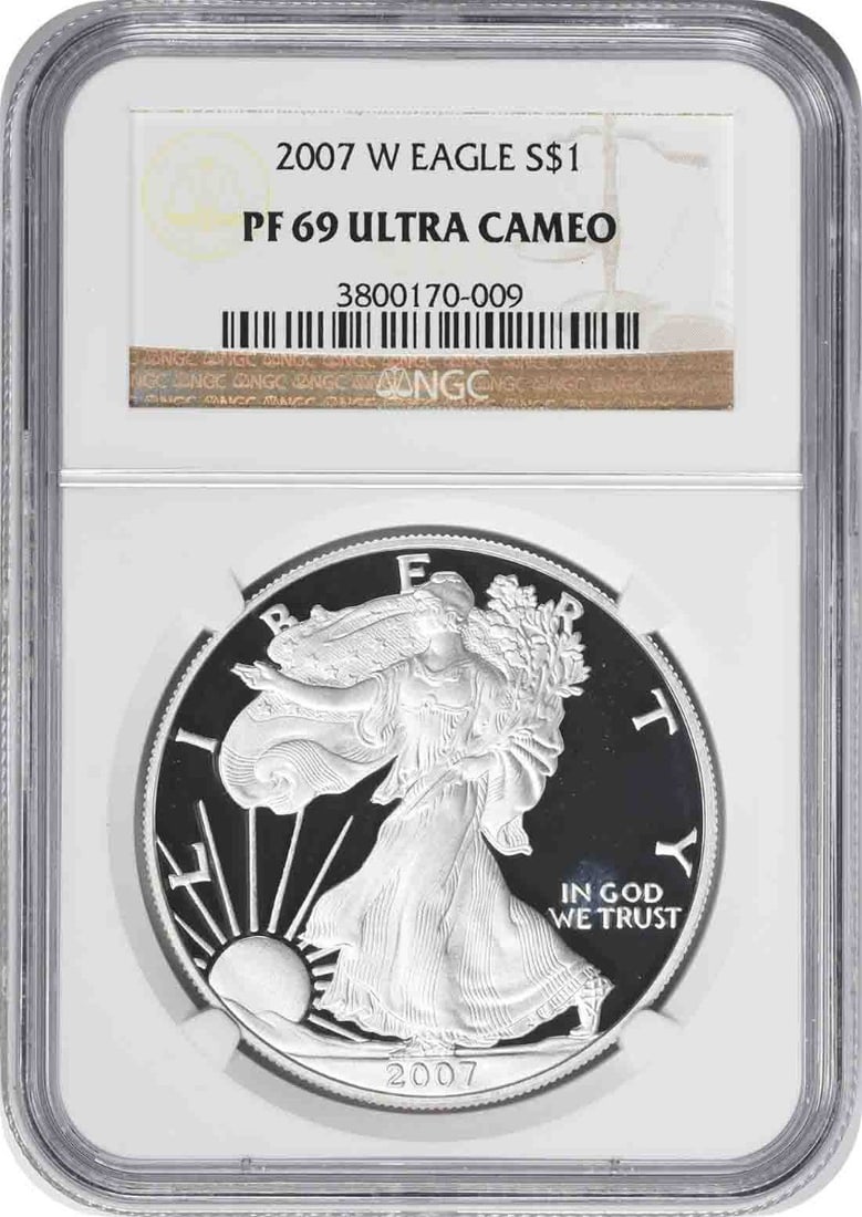 NGC PF69UCAM 2007-W American Silver Eagle 1 Dollar Proof Coin: NGC PF69UCAM 2007-W American Silver Eagle 1 Dollar Proof Coin 2007-W American Silver Eagle proof coin certified by NGC and graded PF69 Ultra Cameo. It contains 1 oz of silver and is struck in 0.999 fi