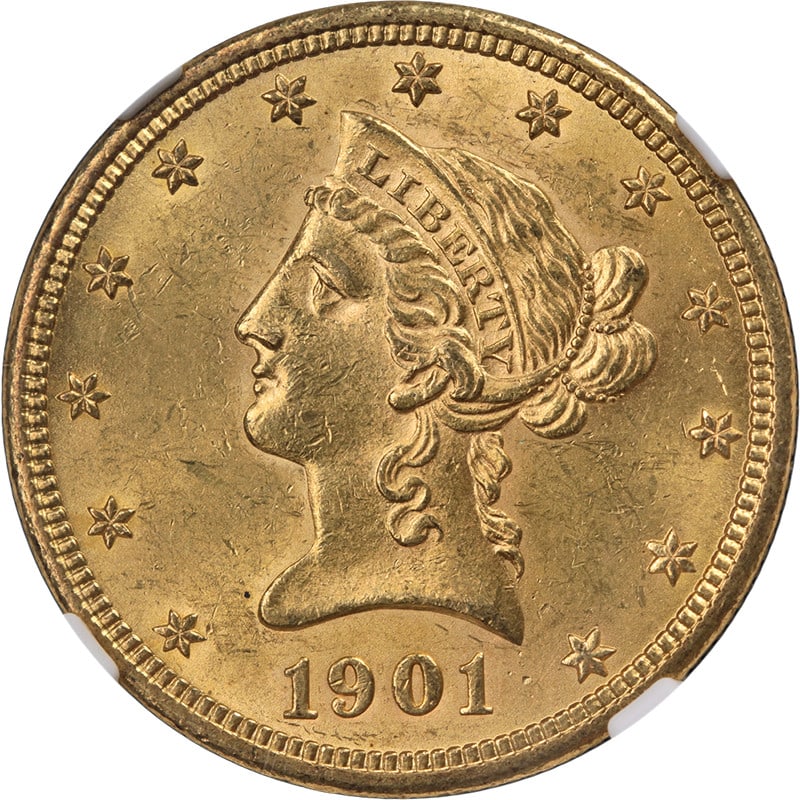 1901 O Liberty Head $10 Gold NGC MS61: 1901 O Liberty Head $10 Gold NGC MS61 This 1901-O Liberty Gold $10 coin is graded MS61 by NGC, indicating it is uncirculated and features attractive eye appeal with strong luster and a well-defined st