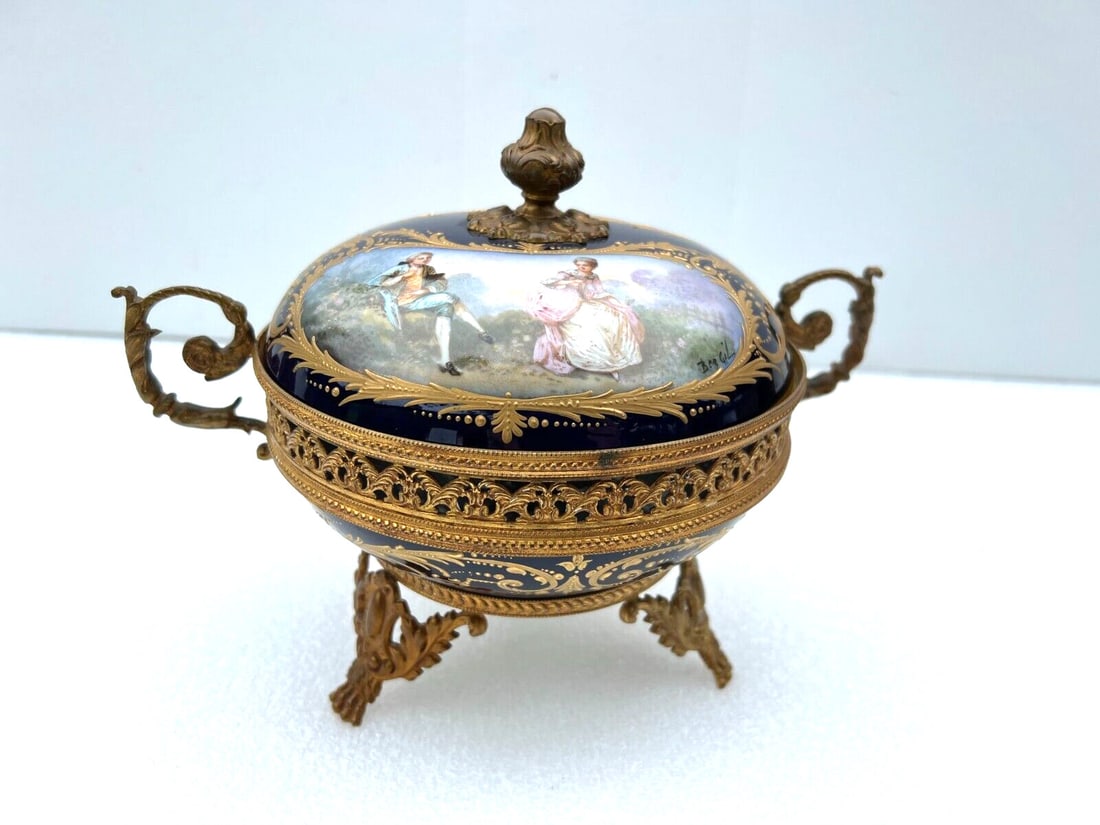 French Sevres porcelain bronze center dish with lid hand painted 1900 (1 of 14)