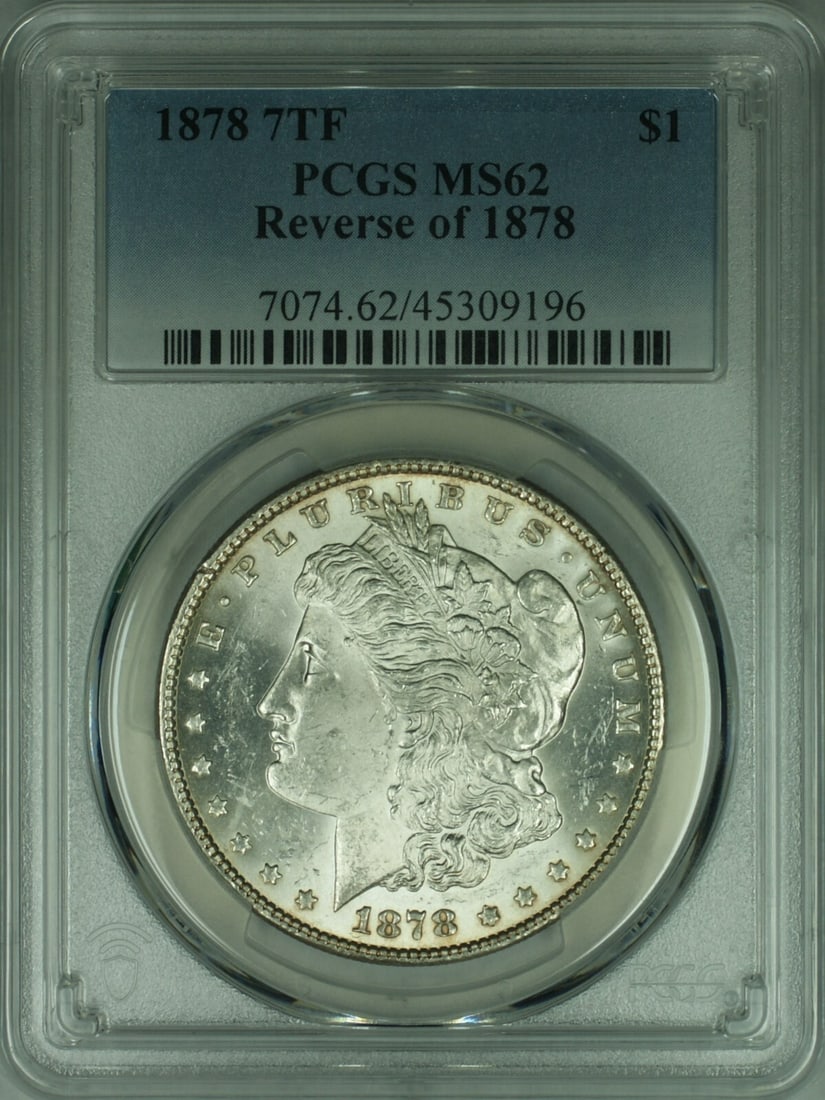 PCGS MS-62 1878 Morgan Dollar 7 Tail Feathers Reverse Philadelphia Silver Coin: PCGS MS-62 1878 Morgan Dollar 7 Tail Feathers Reverse Philadelphia Silver Coin This is a 1878 Morgan Silver Dollar featuring the 7 Tail Feathers reverse of 1878. The coin is graded MS-62 by PCGS and w
