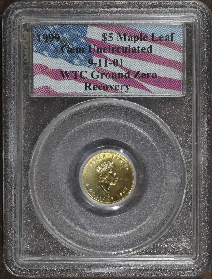 PCGS 1999 World Trade Center Recovery 1 10 oz Gold Maple Leaf: PCGS 1999 World Trade Center Recovery 1 10 oz Gold Maple Leaf This 1999 Canadian Maple Leaf 1/10 oz gold coin is graded Gem Uncirculated and certified by PCGS. Struck by the Royal Canadian Mint, it is