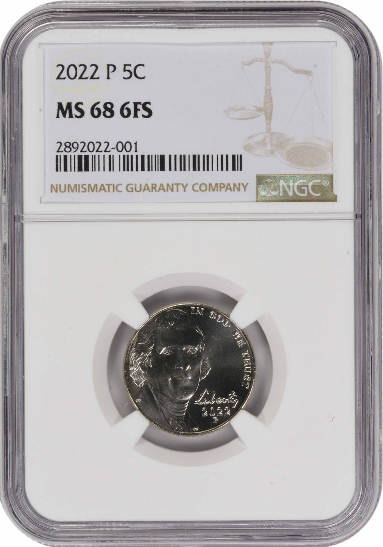 NGC MS68 2022-P Jefferson Nickel 6FS Philadelphia: NGC MS68 2022-P Jefferson Nickel 6FS Philadelphia This 2022 Jefferson Nickel features a composition of 75% copper and 25% nickel and was minted in Philadelphia. Graded MS68 with 6 Full Steps by NGC, t