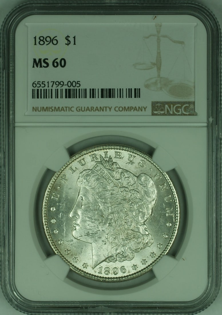 NGC MS-60 1896 Morgan Silver Dollar Uncirculated Philadelphia $1 Coin: NGC MS-60 1896 Morgan Silver Dollar Uncirculated Philadelphia $1 Coin This 1896 Morgan Silver Dollar is certified by NGC with a grade of MS-60, indicating it is uncirculated. The coin was minted in Ph