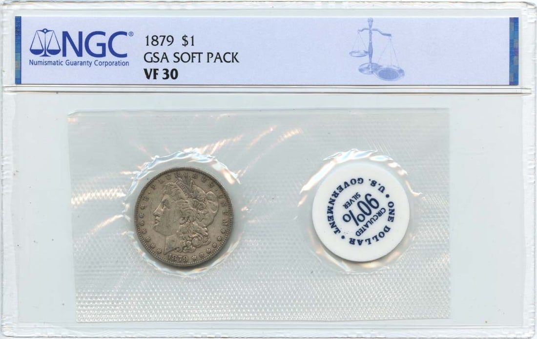 NGC VF30 1879 Morgan Silver Dollar GSA Soft Pack Philadelphia: NGC VF30 1879 Morgan Silver Dollar GSA Soft Pack Philadelphia This is an 1879 Morgan Dollar in circulated condition, graded VF30 by NGC. The coin comes in a GSA soft pack and was minted in Philadelphi