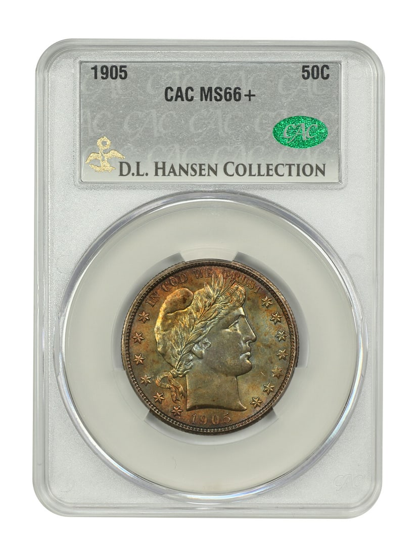 1905 Barber Half Dollar 50C CACG MS66+: 1905 Barber Half Dollar 50C CACG MS66+ 1905 Barber Half Dollar, Philadelphia Mint issue, graded MS66+ and certified by CACG. This uncirculated coin is described as an elusive Philadelphia Mint issue f
