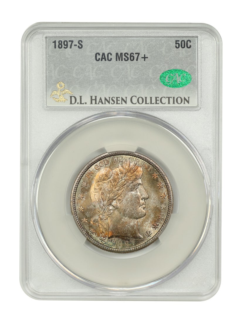 CACG MS67+ 1897-S Barber Half Dollar 50C ex D.L. Hansen: CACG MS67+ 1897-S Barber Half Dollar 50C ex D.L. Hansen An 1897-S Barber Half Dollar in uncirculated MS67+ condition, certified by CACG and ex: D.L. Hansen. This example is described as a superb, shar