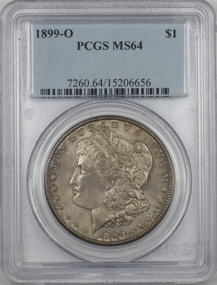 PCGS MS64 1899-O Morgan Silver Dollar Toned: PCGS MS64 1899-O Morgan Silver Dollar Toned This 1899-O Morgan Silver Dollar features a brilliant silver composition and has been graded MS-64 by PCGS, indicating its high quality and uncirculated con