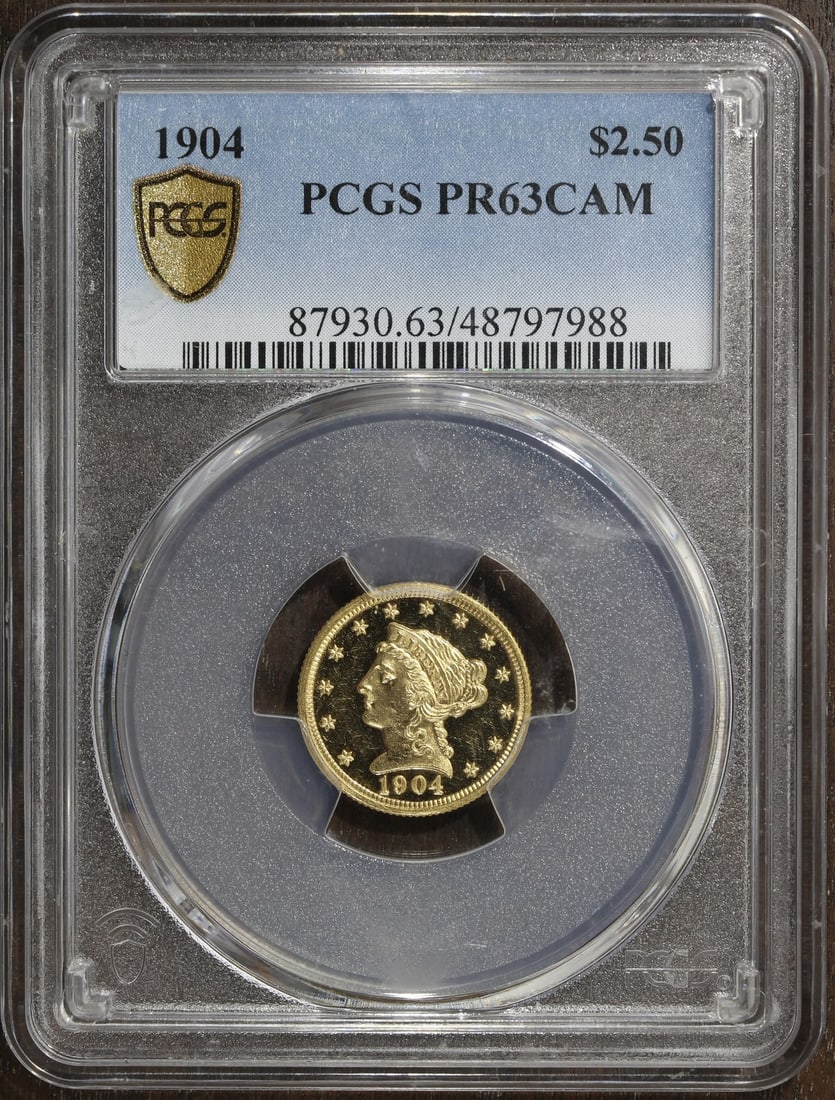1904 Liberty Head $2.50 Gold Proof PCGS PR63 Cameo: 1904 Liberty Head $2.50 Gold Proof PCGS PR63 Cameo This is a 1904 Liberty Head Gold Quarter Eagle with a denomination of $2.50. The coin is a proof issue graded PR63 Cameo by PCGS, indicating a high-q