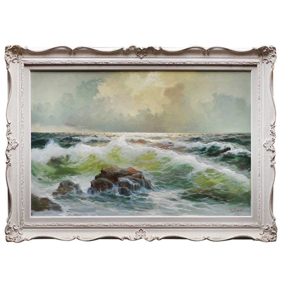 Framed Expressionist Seascape Oil Painting by Giuseppe Rossi on Canvas: Framed Expressionist Seascape Oil Painting by Giuseppe Rossi on Canvas This original oil painting by Giuseppe Rossi, created in Italy in 1950, beautifully depicts a vibrant seascape with expressive wa