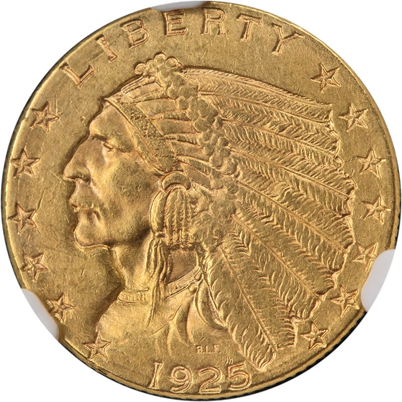 NGC MS62 1925-D Indian Gold Quarter Eagle: NGC MS62 1925-D Indian Gold Quarter Eagle This original 1925-D Indian Gold $2.50 coin features attractive luster, strong strike, and appealing surfaces. Certified by NGC with a grade of MS62, it is co