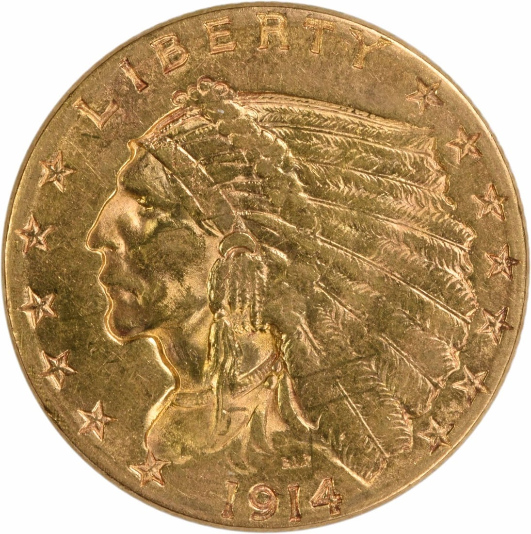 1914-D $2.50 Gold Indian Coin AU Circulated 90% Gold: 1914-D $2.50 Gold Indian Coin AU Circulated 90% Gold This 1914-D $2.50 Gold Indian coin features a stunning design by Bela Lyon Pratt, showcasing the rich history of American coinage. Struck at the De