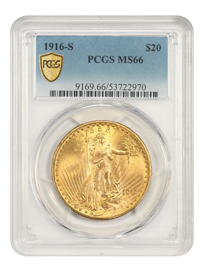 PCGS MS66 1916-S Saint-Gaudens $20 Double Eagle Better Date: PCGS MS66 1916-S Saint-Gaudens $20 Double Eagle Better Date 1916-S $20 St. Gaudens double eagle certified by PCGS as MS66. The coin is uncirculated and features deep honey-gold coloration with tactile