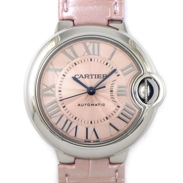 Cartier WSBB0002 Ballon Bleu ladies automatic wristwatch pink dial leather: Cartier WSBB0002 Ballon Bleu ladies automatic wristwatch pink dial leather This Cartier Ballon Bleu ladies wristwatch features an automatic movement, pink dial, stainless steel case, and leather strap