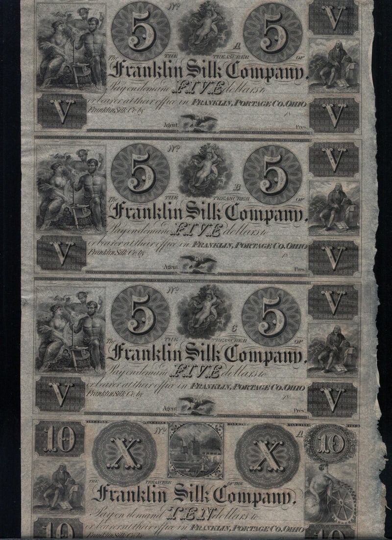 Franklin Silk Company uncut banknote sheet $5 and X Four (1 of 2)