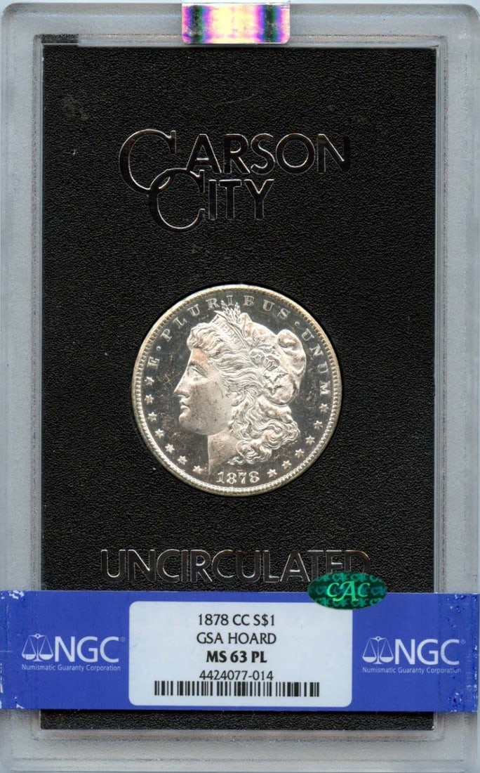 NGC MS63 PL 1878 Carson City Morgan Dollar GSA Hoard CAC: NGC MS63 PL 1878 Carson City Morgan Dollar GSA Hoard CAC This is an 1878-CC Morgan Dollar from the GSA Hoard, certified by NGC with a grade of MS63 PL and accompanied by a CAC sticker. Minted in Carso