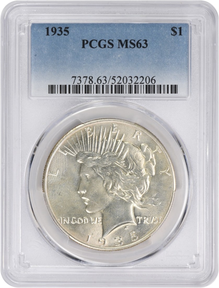 PCGS MS63 1935 Peace silver dollar: PCGS MS63 1935 Peace silver dollar This is a 1935 Peace Silver Dollar graded MS63 by PCGS. The coin is uncirculated and features a silver composition. It was minted in the United States with no mint m