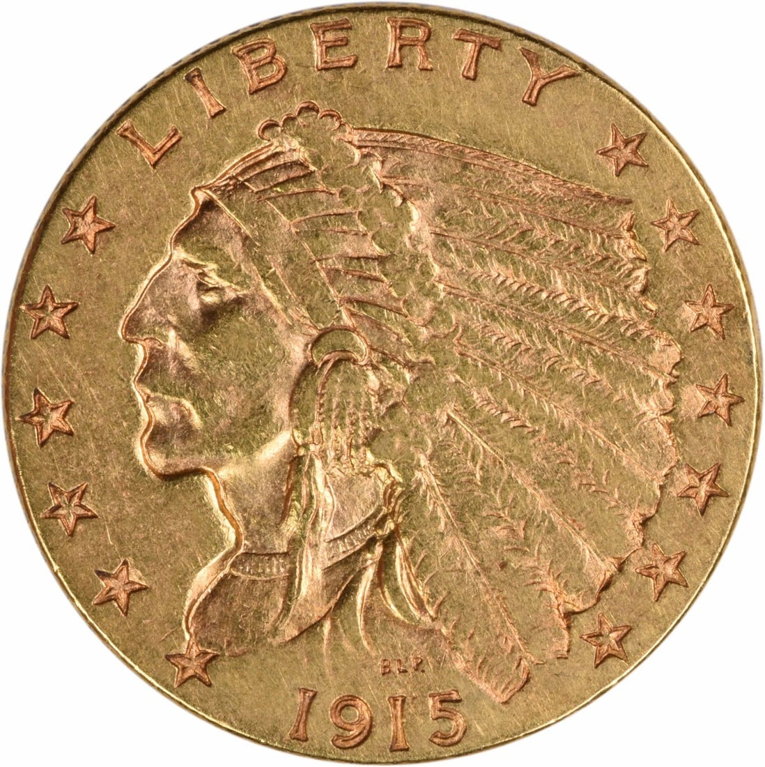 1915 Indian Head $2.50 Gold Coin AU Philadelphia Uncertified: 1915 Indian Head $2.50 Gold Coin AU Philadelphia Uncertified This is a 1915 $2.50 Gold Indian coin from the United States, minted in Philadelphia. Designed by Bela Lyon Pratt, the coin features an AU 