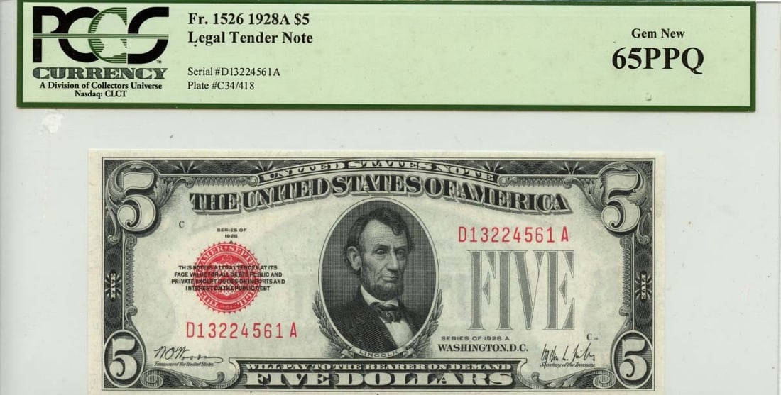 1928A $5 Legal Tender Note FR#1526 PCGS Gem 65 PPQ: 1928A $5 Legal Tender Note FR#1526 PCGS Gem 65 PPQ This 1928A $5 Legal Tender Note, designated as FR#1526, is a remarkable collectible certified by PCGS Currency with a Gem 65 PPQ grade. This uncircul