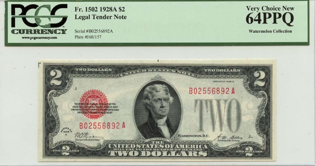 1928A $2 Legal Tender Note FR#1502 PCGS Gem CH 64 PPQ: 1928A $2 Legal Tender Note FR#1502 PCGS Gem CH 64 PPQ This 1928A $2 Legal Tender Note (FR#1502) is a remarkable piece of currency, certified by PCGS Currency with a certification number of 80454402. G