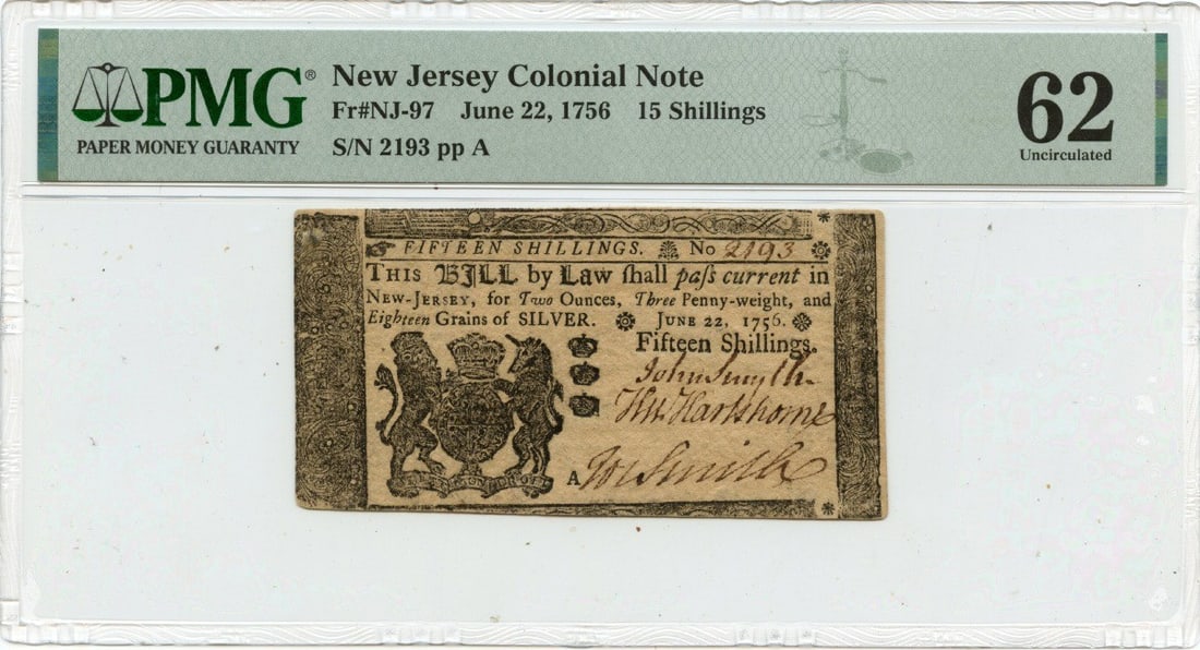 1756 New Jersey 15 Shillings Colonial Note PMG MS62: 1756 New Jersey 15 Shillings Colonial Note PMG MS62 This is a rare 1756 June 22 New Jersey Colonial Note, denominated at 15 Shillings. Certified by PMG with a certification number of 2307940052, this 