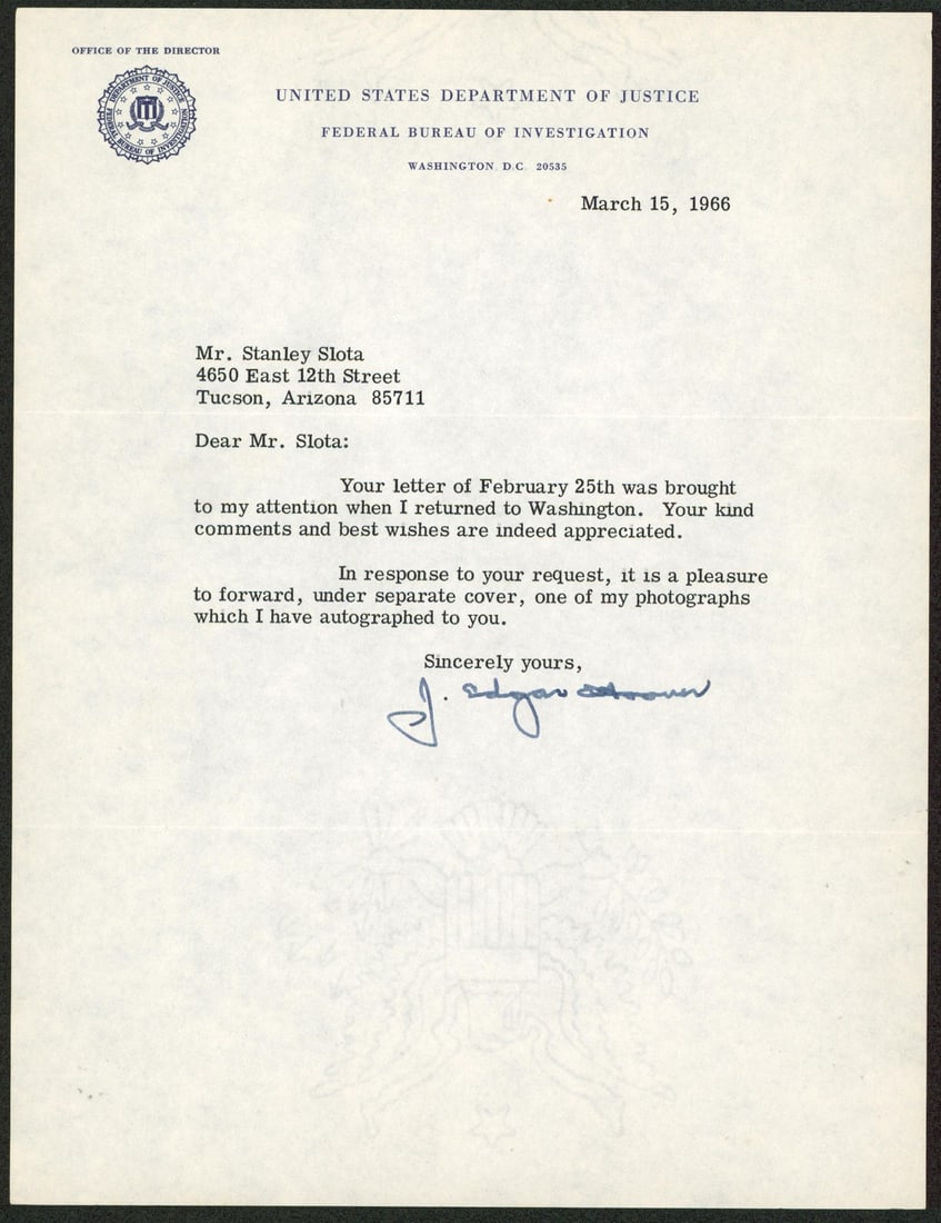 J. Edgar Hoover Autographed 1966 FBI Letter With Beckett Authentication COA (1 of 2)