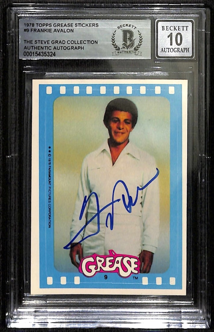 Frankie Avalon Autographed 1978 Topps Grease Stickers #9 Beckett Grade 10: Frankie Avalon Autographed 1978 Topps Grease Stickers #9 Beckett Grade 10 This is an autographed 1978 Topps Grease Stickers #9 trading card, signed in blue permanent marker by Frankie Avalon. The item