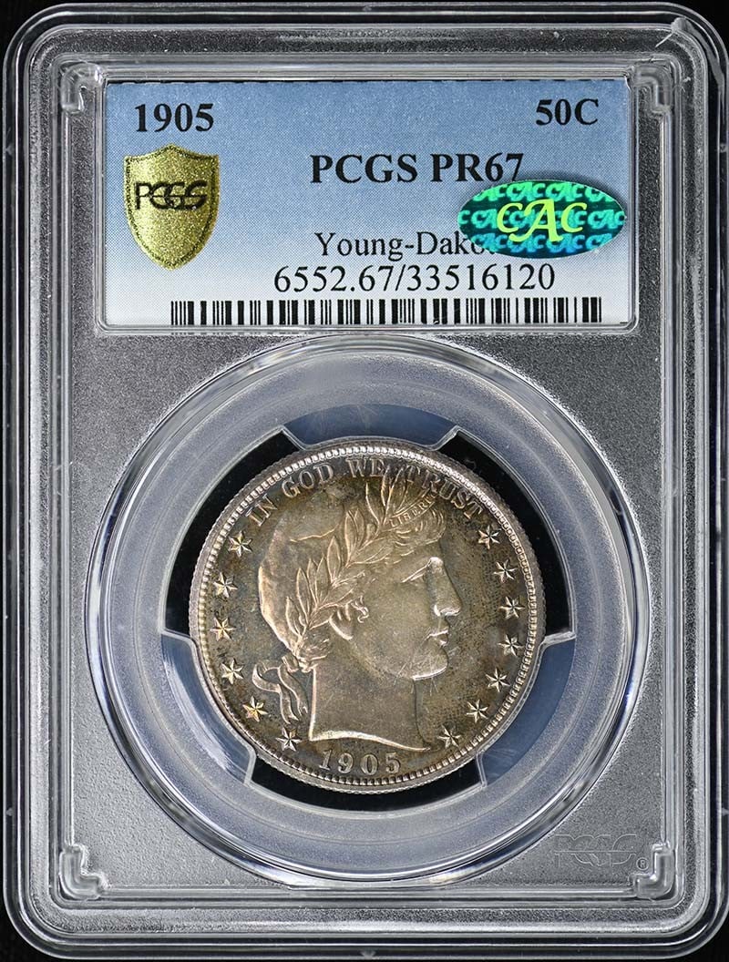 1905 PCGS CAC Proof Dakota Young Barber Half Dollar: 1905 PCGS CAC Proof Dakota Young Barber Half Dollar This 1905 Barber Half Dollar is an original proof coin graded PR67 by PCGS and features a CAC designation. Struck in Philadelphia, this uncirculated
