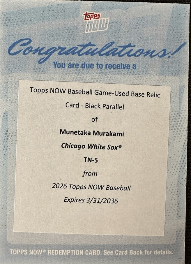 Munetaka Murakami Topps Now Black Base Relic RC Redemption /10: Munetaka Murakami Topps Now Black Base Relic RC Redemption /10 This is a 2026 Topps Now Munetaka Murakami #5 Black Base Relic /10 RC Redemption sports trading card. The card features a multicolor desi