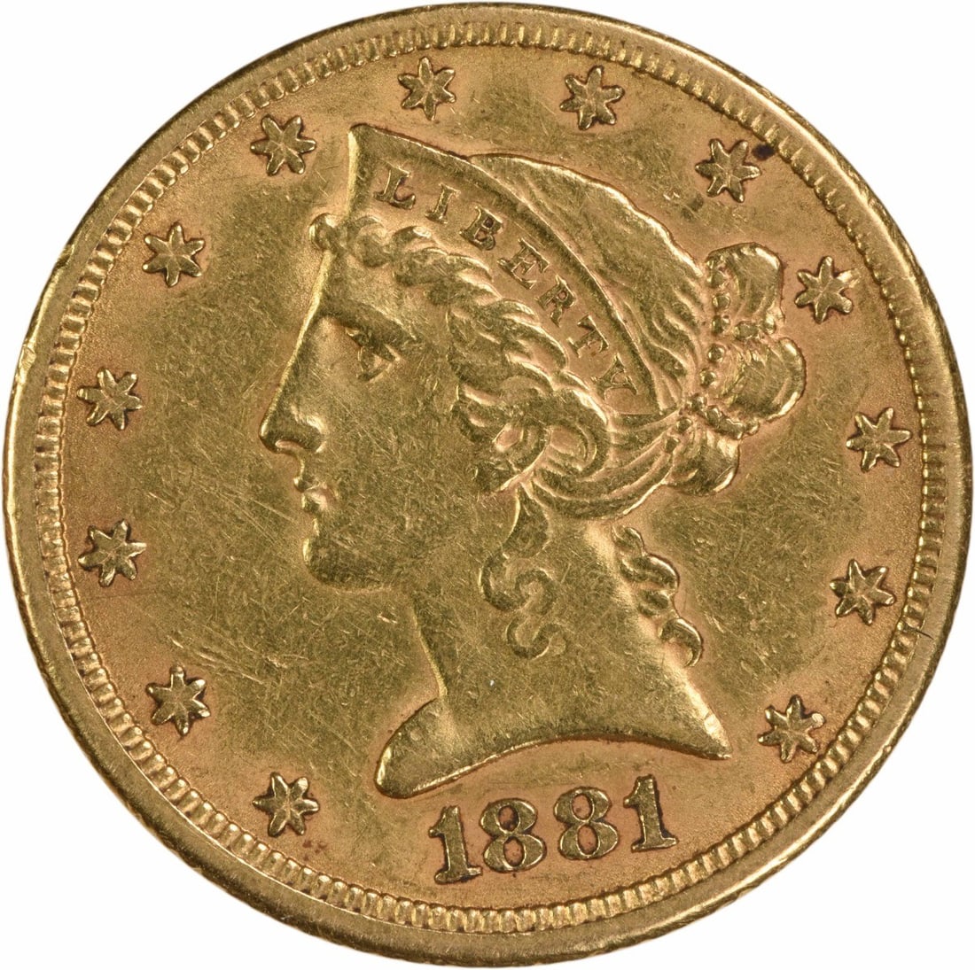 1881 $5 AU Gold Liberty Head Coin Uncertified Philadelphia Mint: 1881 $5 AU Gold Liberty Head Coin Uncertified Philadelphia Mint This 1881 $5 Gold Liberty Head coin is a remarkable piece of history, featuring the elegant design by Christian Gobrecht. This coin is c