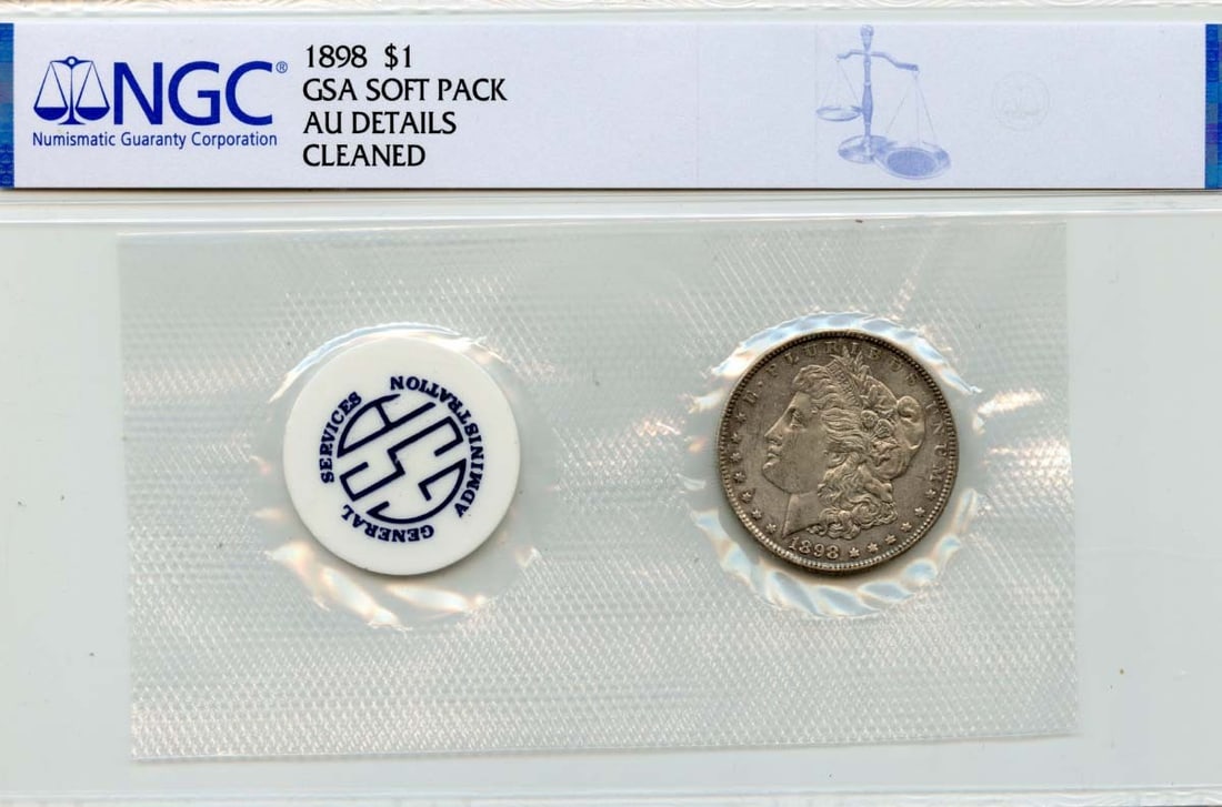 GSA Soft Pack 1898 Morgan Silver Dollar NGC AU Details Certified: GSA Soft Pack 1898 Morgan Silver Dollar NGC AU Details Certified This 1898 Morgan Dollar is presented in a GSA soft pack and has been certified by NGC with AU Details. Struck at the Philadelphia Mint,