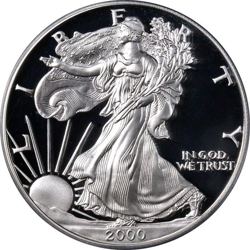 PCGS PR70 DCAM 2000-P Silver American Eagle Dollar: PCGS PR70 DCAM 2000-P Silver American Eagle Dollar This is an original 2000-P Silver American Eagle $1 coin, graded PR70 Deep Cameo (DCAM) by PCGS. The coin features a brilliant luster, strong strike,