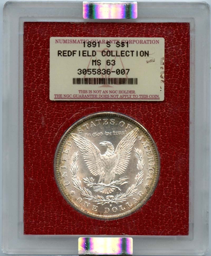 NGC MS63 1891-S Morgan Silver Dollar Redfield Hoard San Francisco Mint: NGC MS63 1891-S Morgan Silver Dollar Redfield Hoard San Francisco Mint This 1891-S Morgan Dollar originates from the Redfield Hoard and is graded MS63 by NGC. Struck at the San Francisco Mint, this un