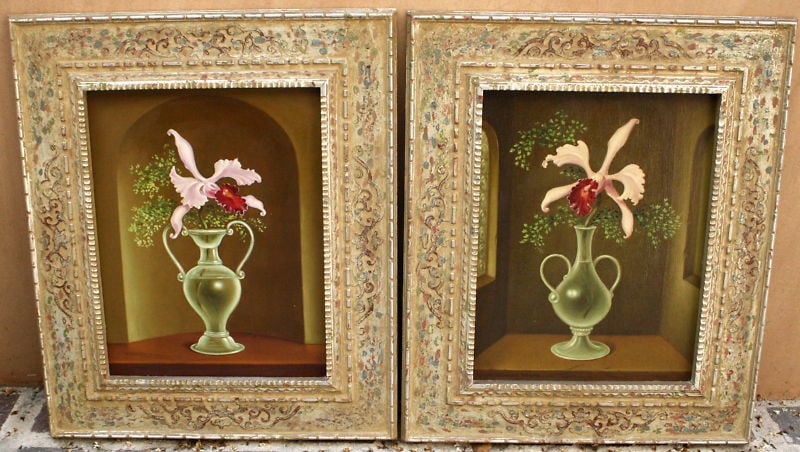 Pair of Framed Still Life Oil Paintings by S. Poray with Orchids (1 of 8)