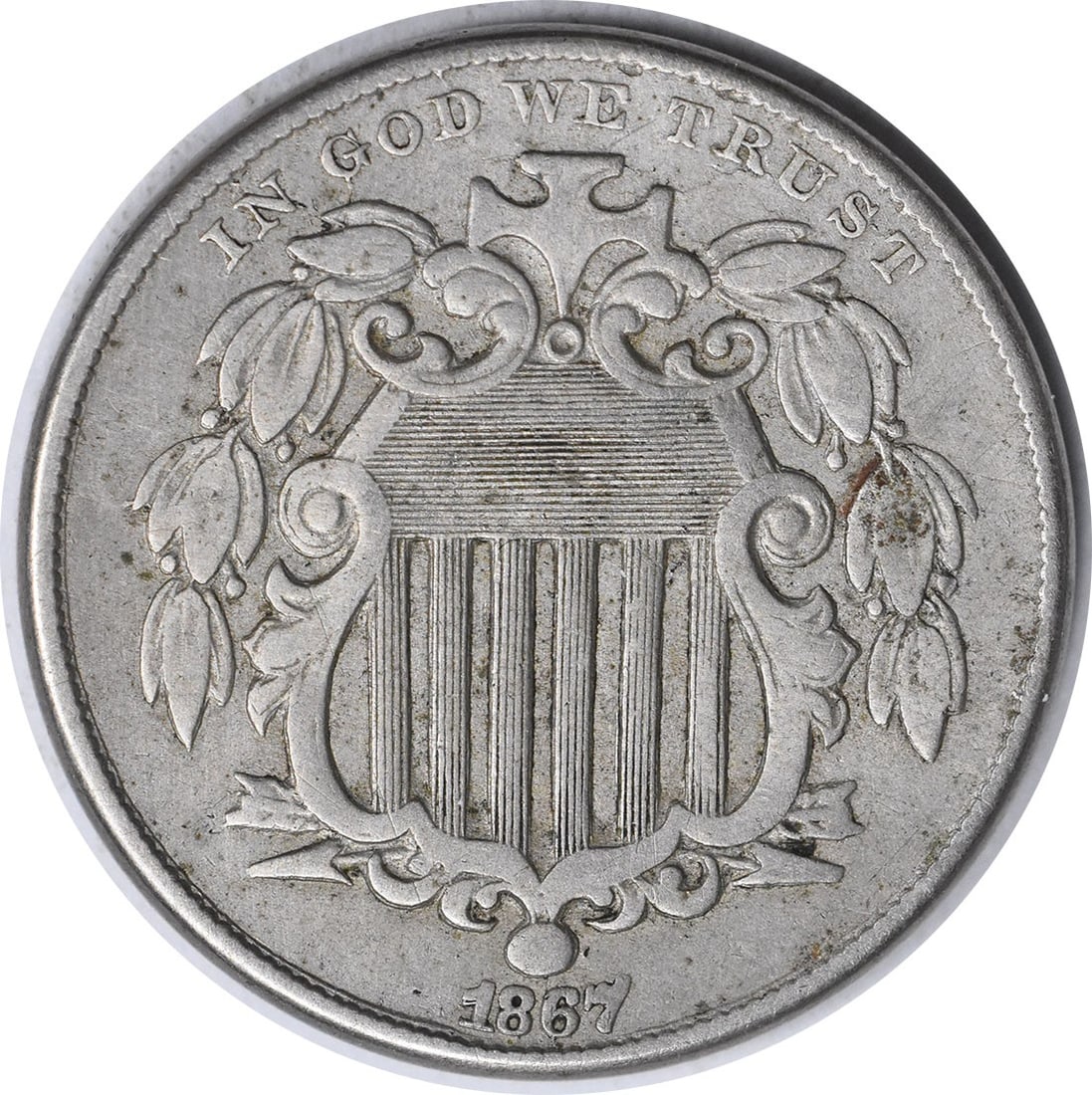 1867 Shield Nickel No Rays XF Uncertified Philadelphia Mint: 1867 Shield Nickel No Rays XF Uncertified Philadelphia Mint This 1867 Shield Nickel is a fascinating piece of numismatic history, featuring the design by James Barton Longacre. The coin is classified 