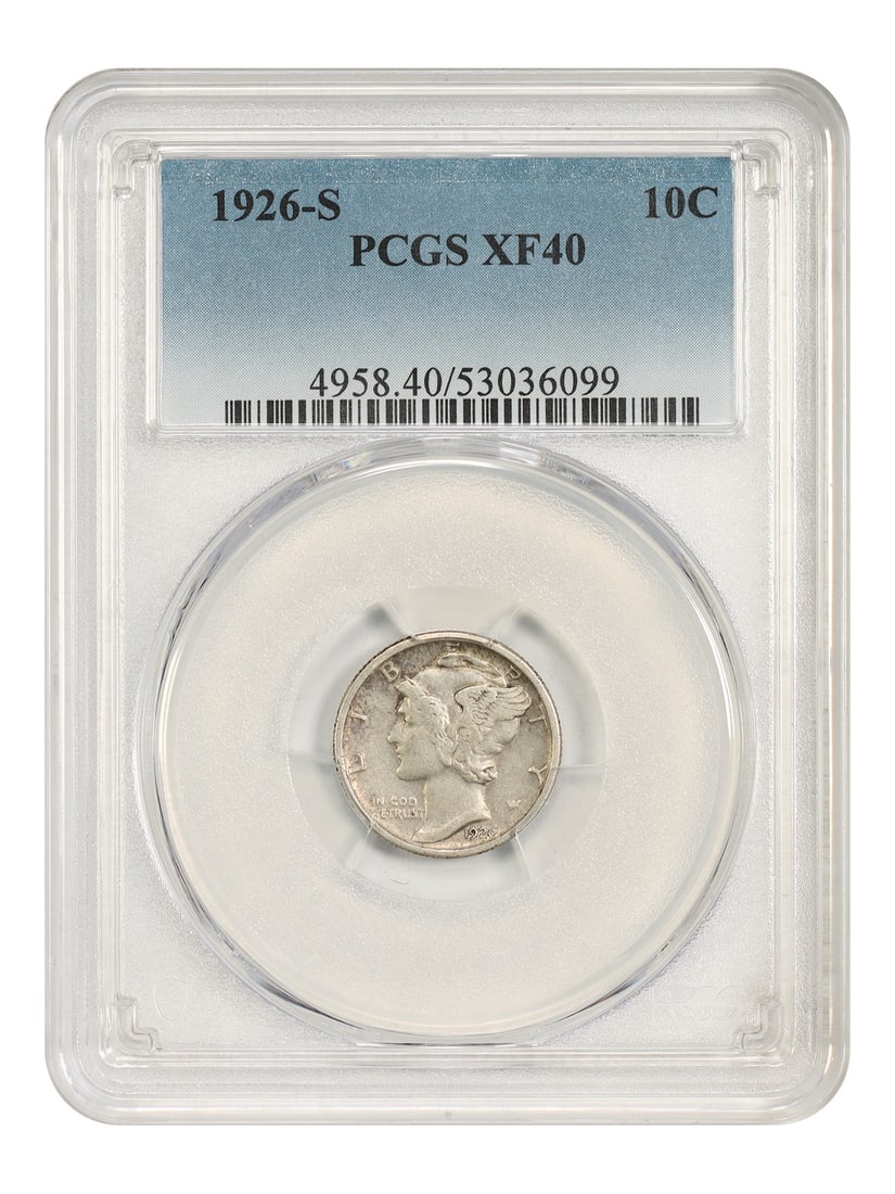 PCGS XF40 1926-S Mercury Dime 10C Key Date: PCGS XF40 1926-S Mercury Dime 10C Key Date A 1926-S Mercury Dime graded XF40 by PCGS. This circulated coin is identified as a key date and is described as difficult to locate in any grade. Condition: 