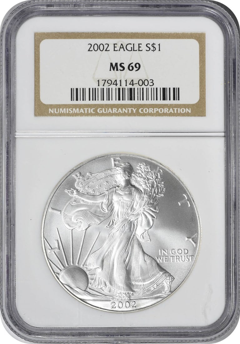 MS69 NGC Certified 2002 Silver American Eagle Dollar 1 oz Coin: MS69 NGC Certified 2002 Silver American Eagle Dollar 1 oz Coin This 2002 American Silver Eagle Dollar is certified by NGC with a grade of MS69. Struck by the U.S. Mint, it contains 1 oz of silver with