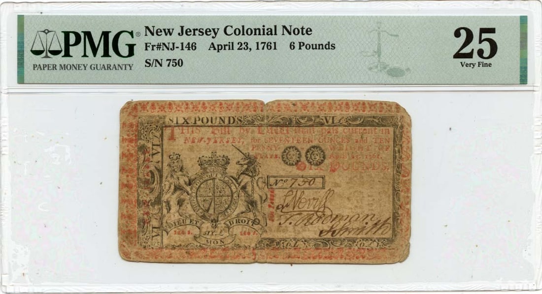 1761 New Jersey 6 Pounds Colonial Note FR#NJ-146 PMG VF25: 1761 New Jersey 6 Pounds Colonial Note FR#NJ-146 PMG VF25 This 1761 April 23, 6 Pounds New Jersey Colonial Note (FR#NJ-146) is a notable piece of history, certified by PMG with a grade of VF25. It has