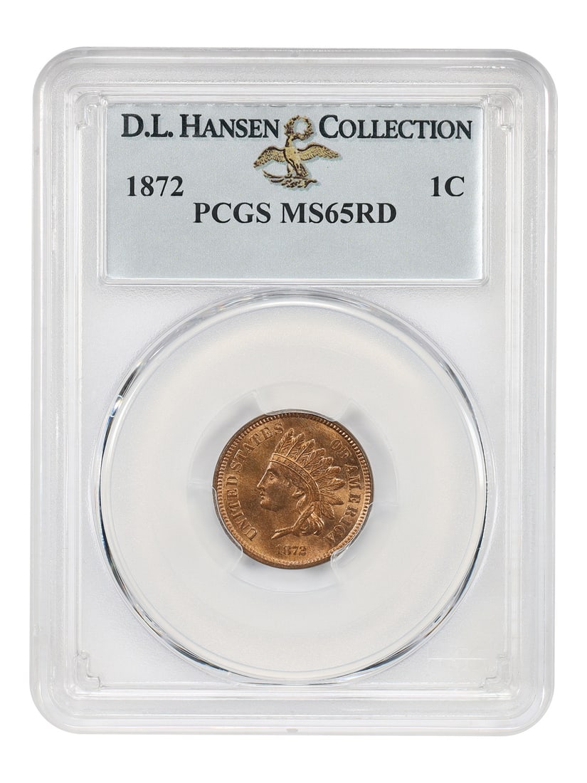 PCGS MS65RD 1872 Indian Cent 1C ex D.L. Hansen: PCGS MS65RD 1872 Indian Cent 1C ex D.L. Hansen This 1872 1C Indian Cent is a PCGS MS65RD example from Philadelphia and is certified uncirculated. It is described as a tough, low mintage key issue with